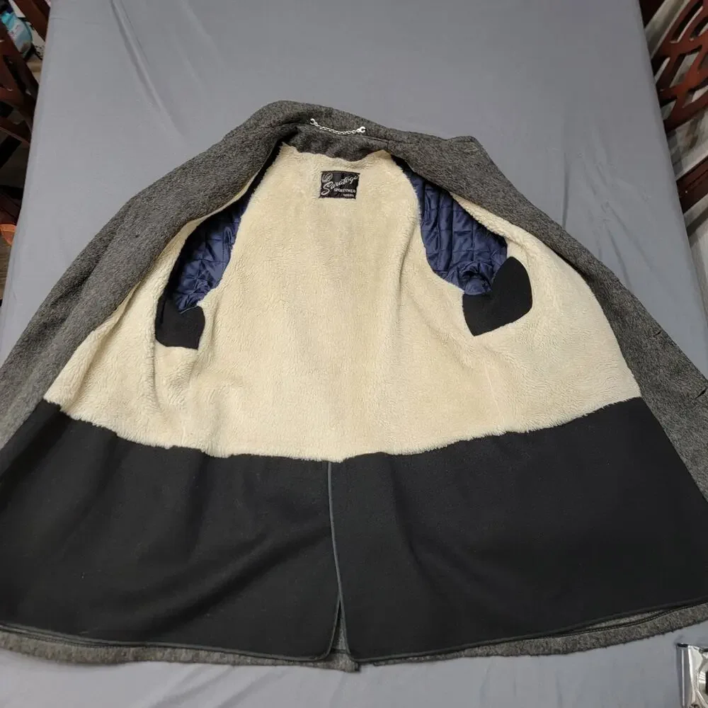 Saratoga Sportswear Boston Gray Wool Field Coat Sherpa Lined USA Overcoat